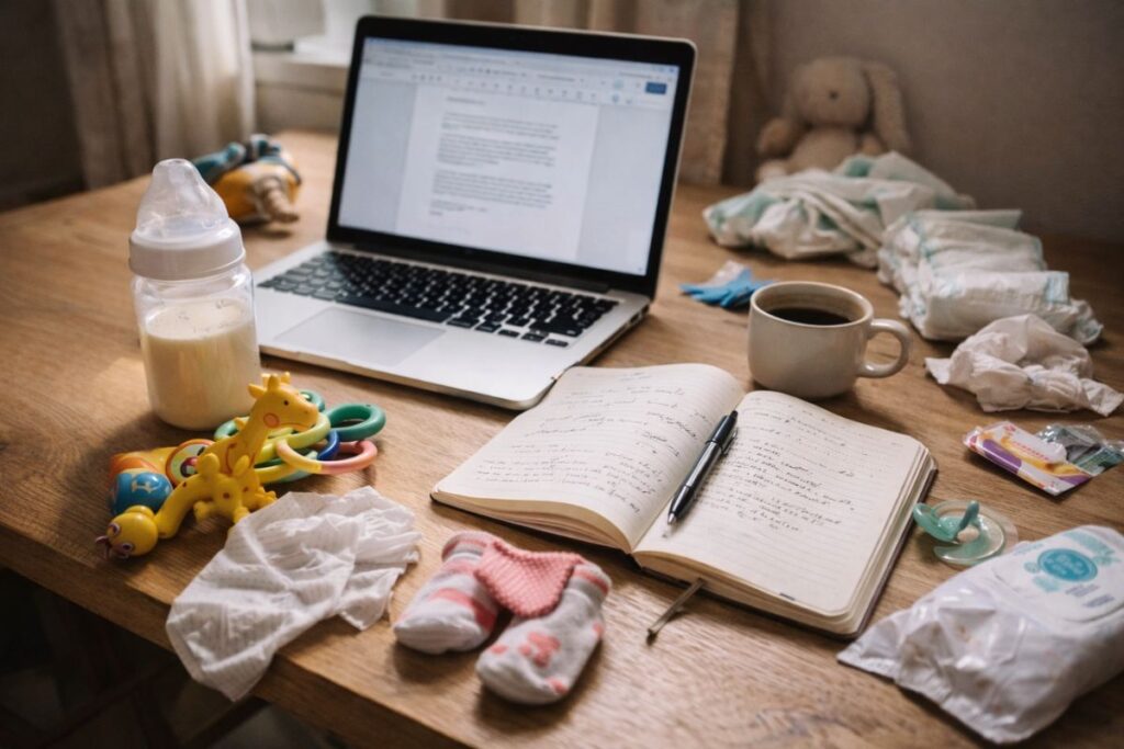 A candid work-from-home setup with an open laptop and notebook on a wooden desk, surrounded by baby items including toys, a bottle, diapers, wipes, and small socks.